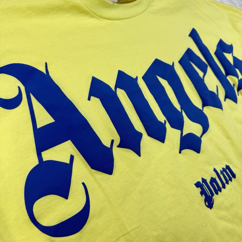 Palm Angels Logo Graphic T-Shirt Mens L Yellow Crewneck Luxury Street Made Italy - Picture 9 of 11